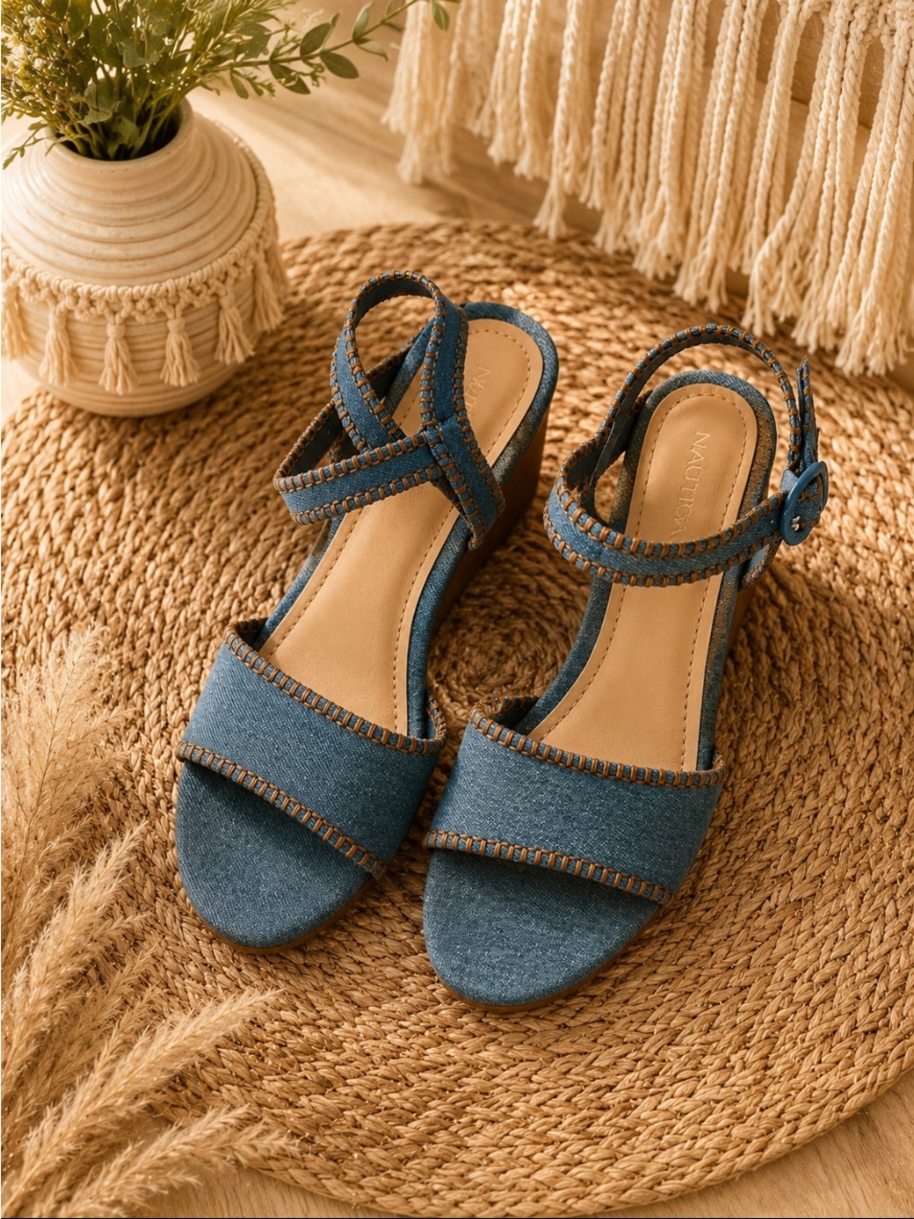 Nautica Denim-Textile Blue Wedge Sandals with Ankle Strap